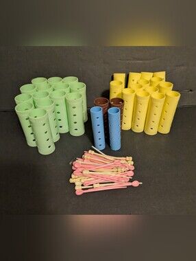Hair Rollers Set 32 Green Yellow Blue Brown with 45 Pink Yellow Clips VTG Retro